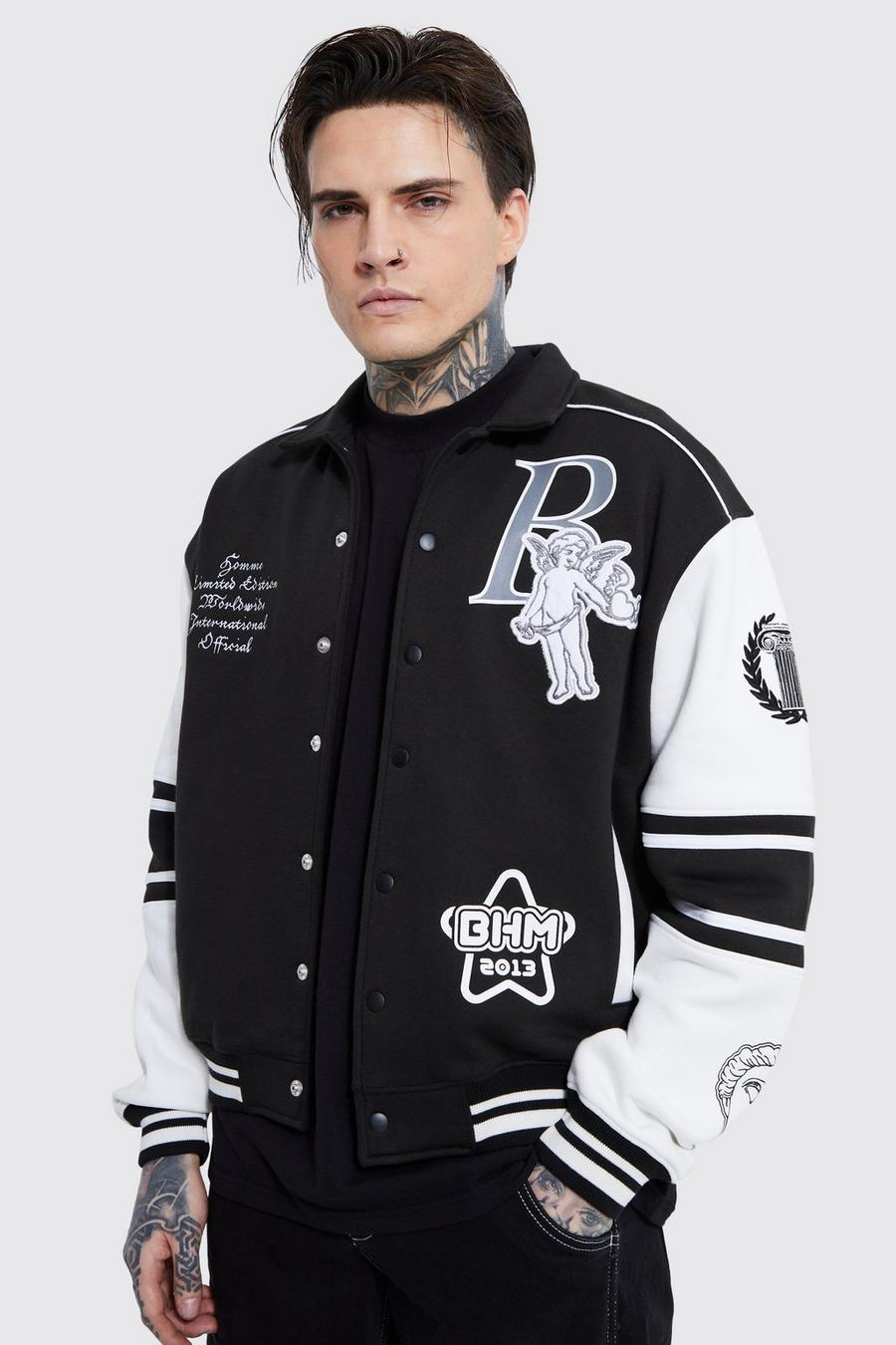 Black Boxy 13 Applique Jersey Varsity Harrington Jacket