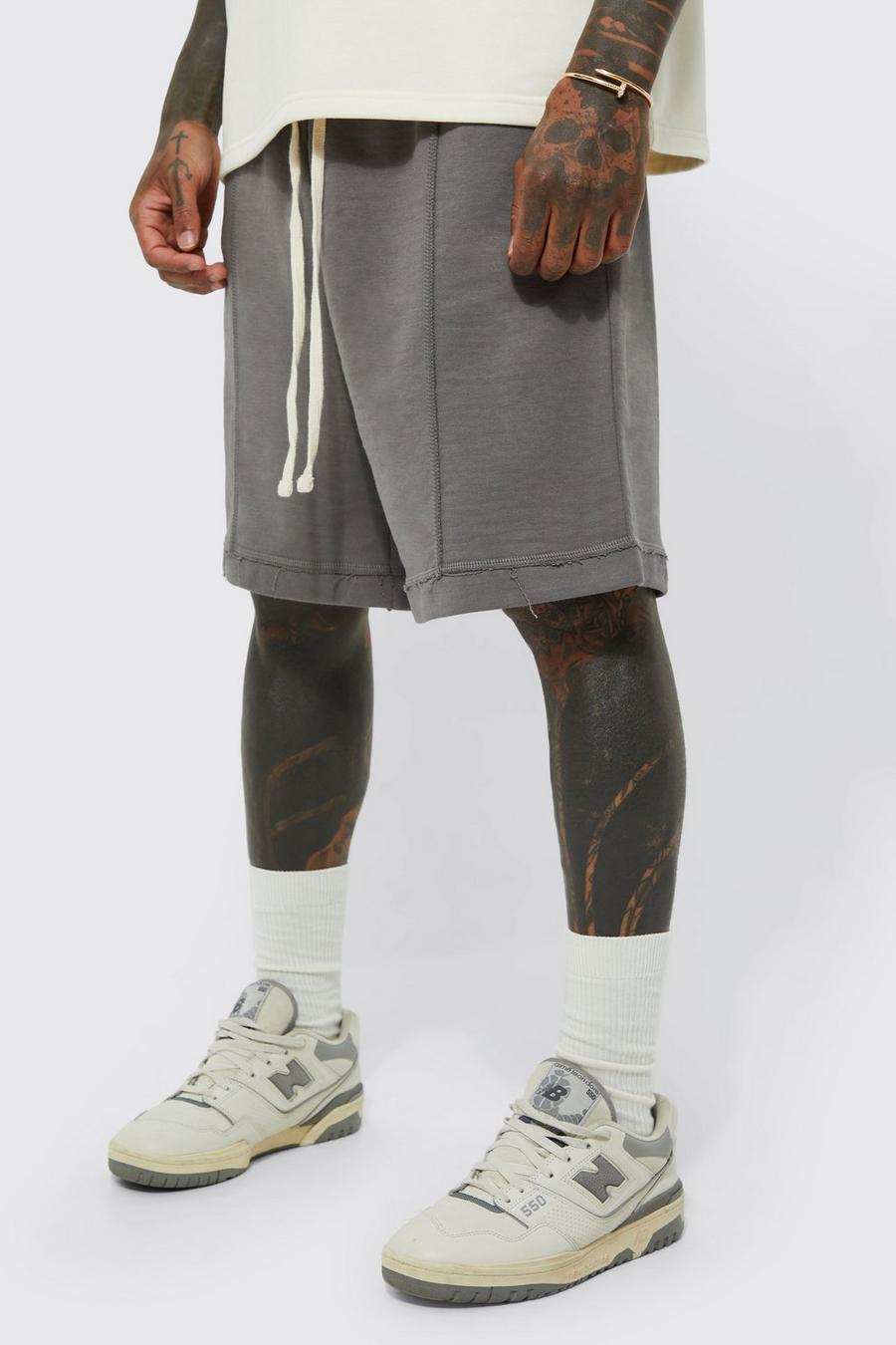 Charcoal Oversized Loopback Shorts Met Laag Kruis En Geribbelde Zoom image number 1