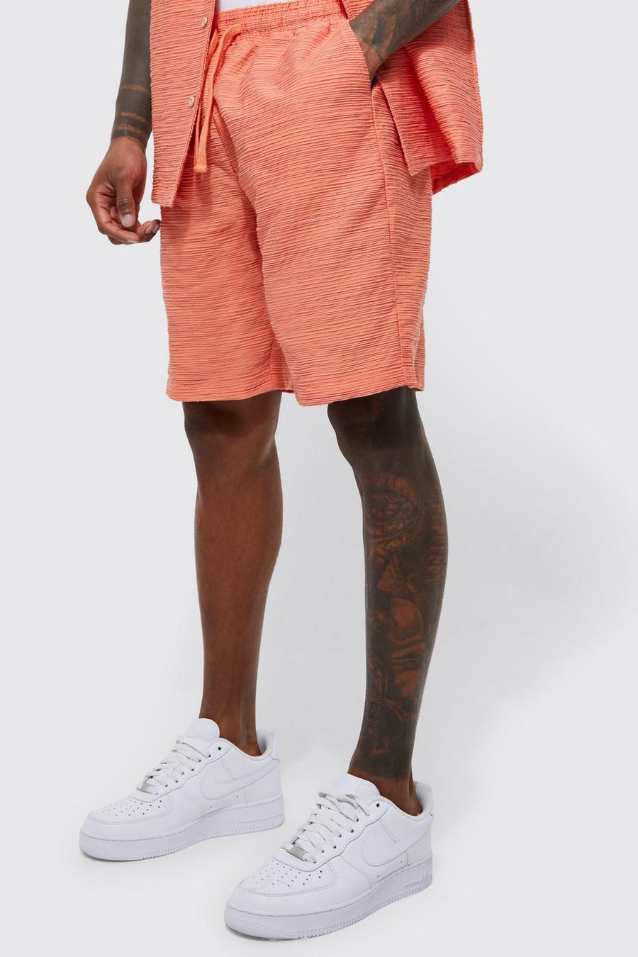Orange Ribbade korta shorts med elastisk midja