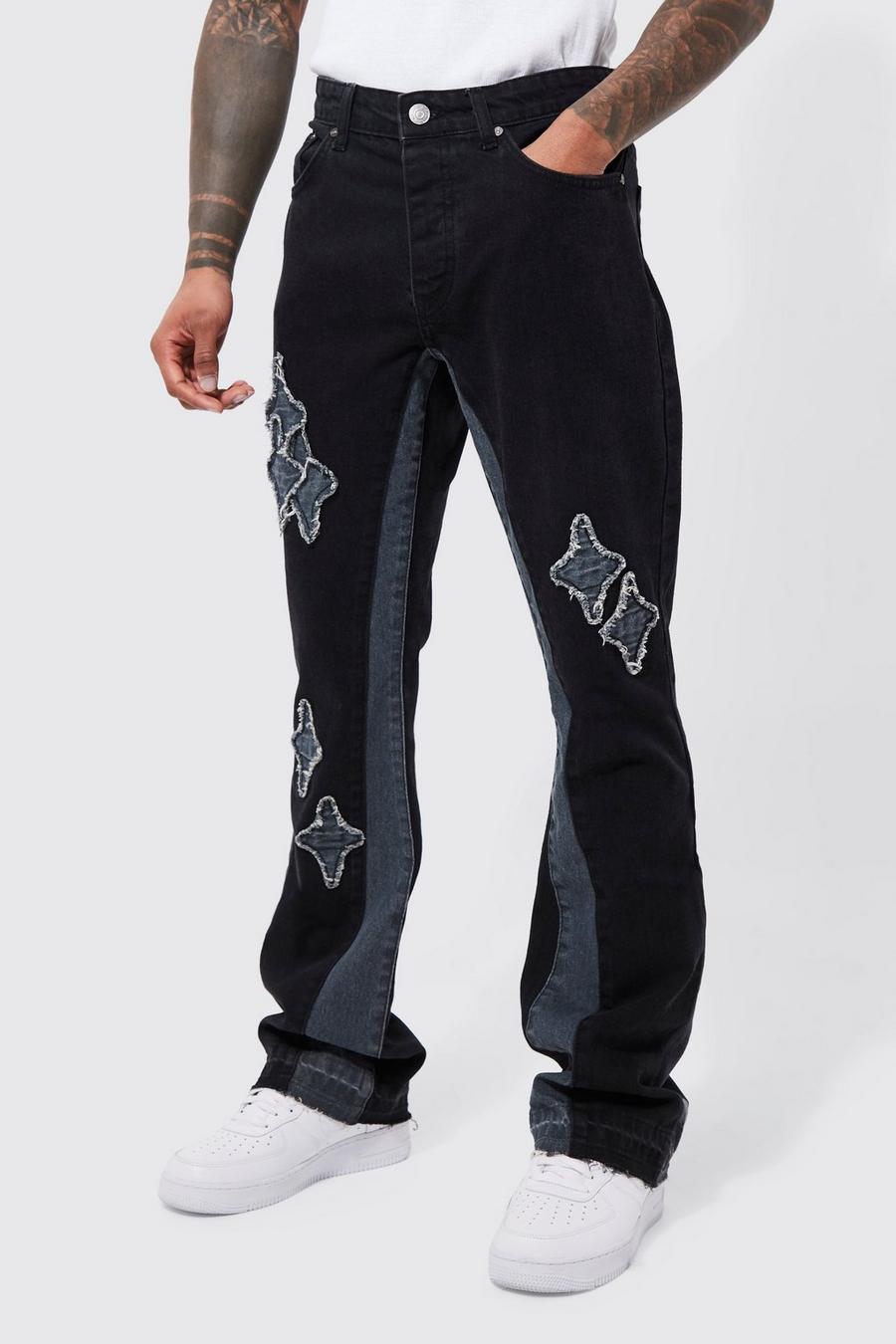Washed black Flared Slim Fit Jeans Met Panelen