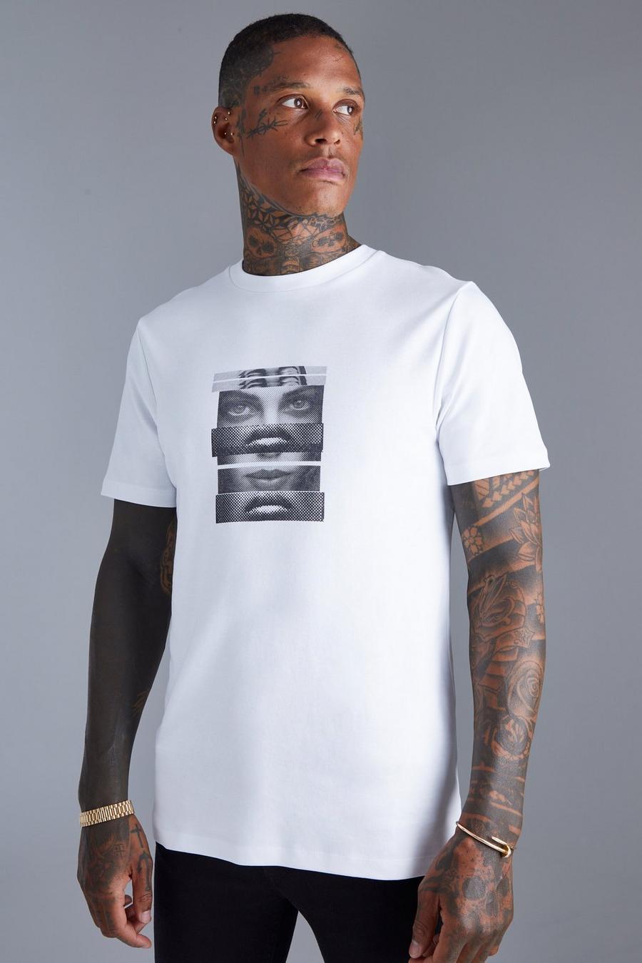 White Verweven Slim Fit  T-Shirt Met Print