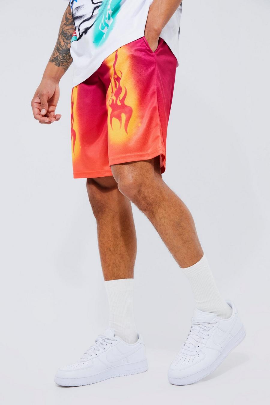 Mesh-Shorts mit Farbverlauf und Flammen, Red