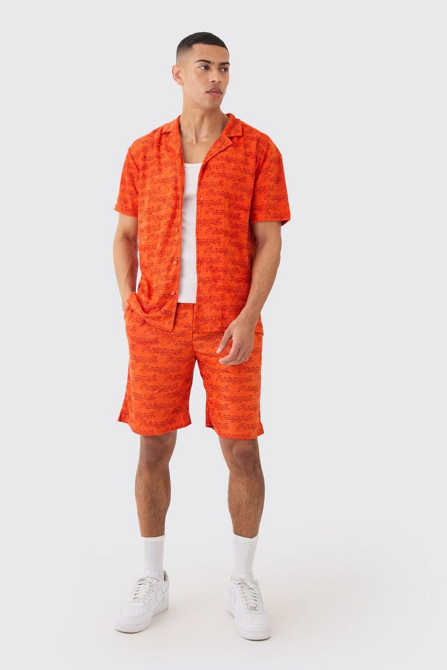 Orange Oversized Badstoffen Overhemd En Shorts Set image number 1