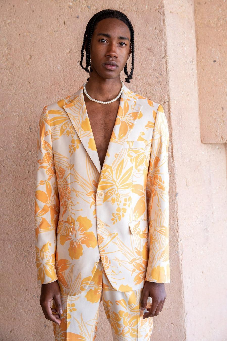 Ecru Slim Fit Printed Floral Suit Jacket