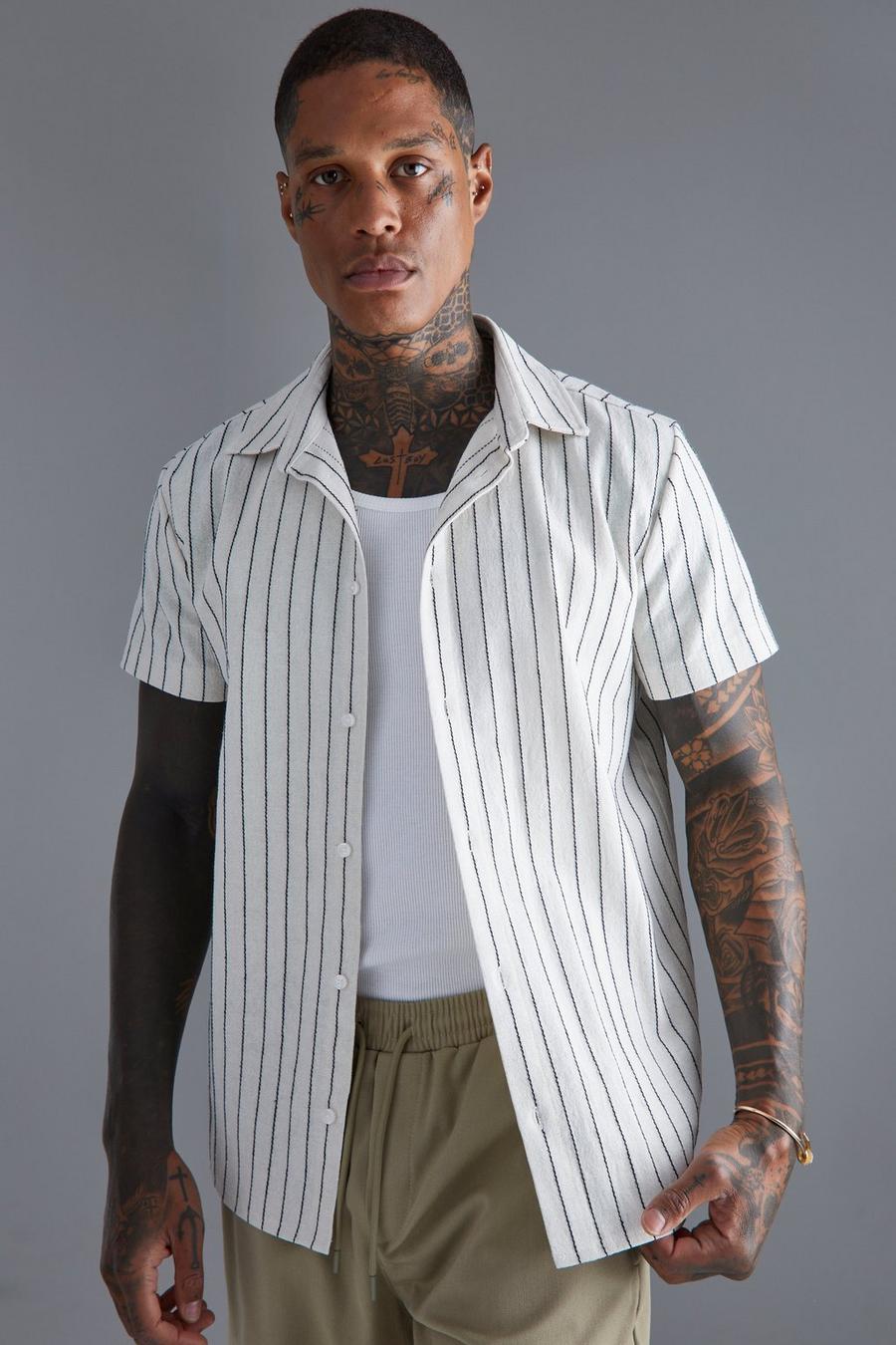 White Short Sleeve Textured Stripe Shirt image number 1