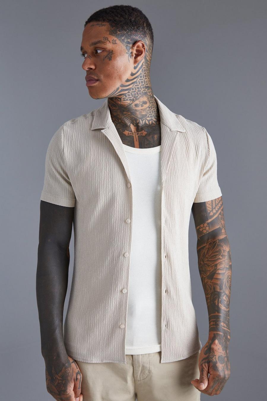 Stone  Crinkle Muscle Dropped Revere Shirt image number 1