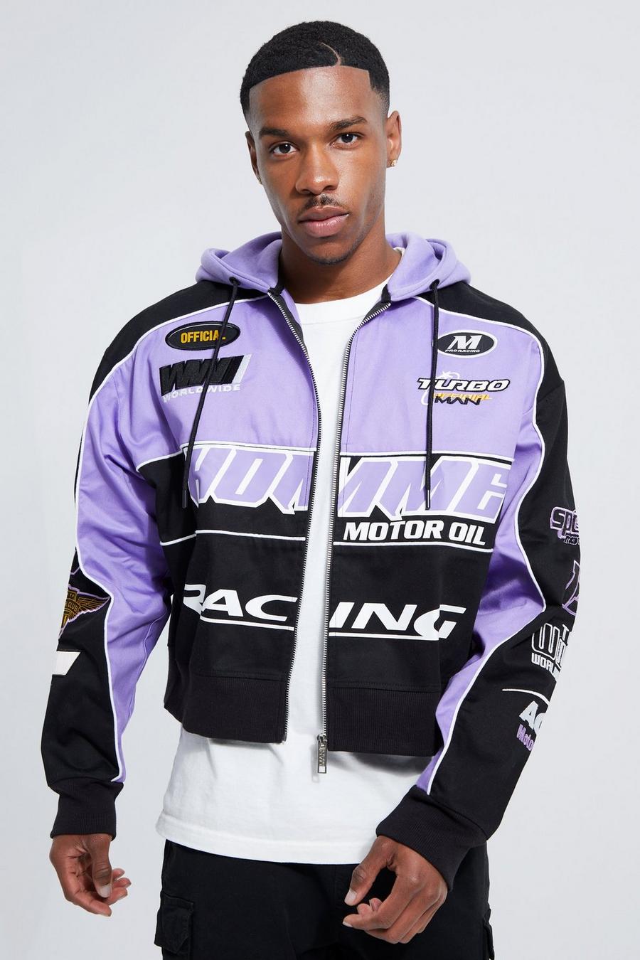 Lilac purple Boxy Twill Moto Jacket With Jersey Hood