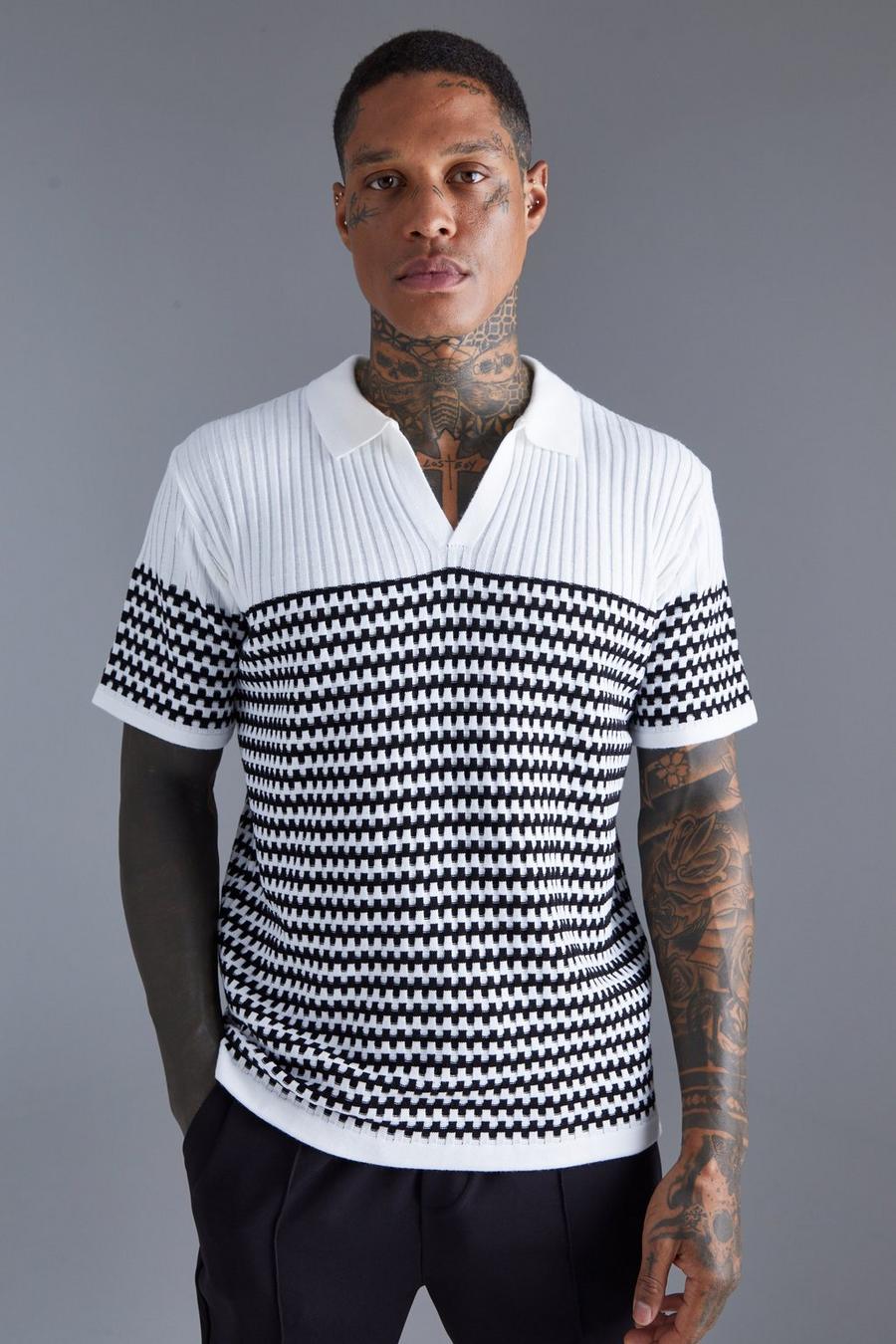 White V Neck Striped Knitted Polo image number 1