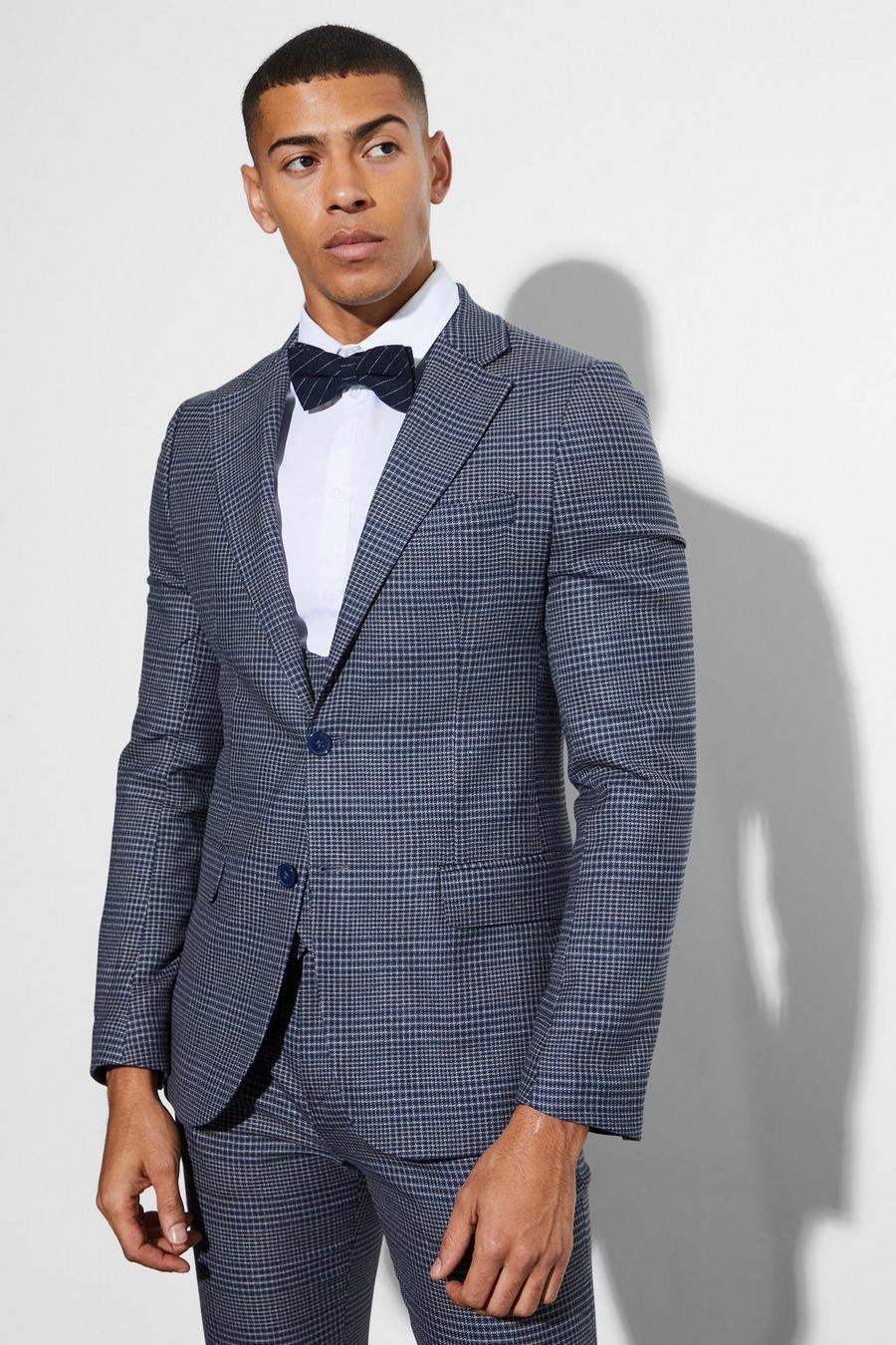 Navy Skinny Fit Single Breasted Checked Blazer image number 1