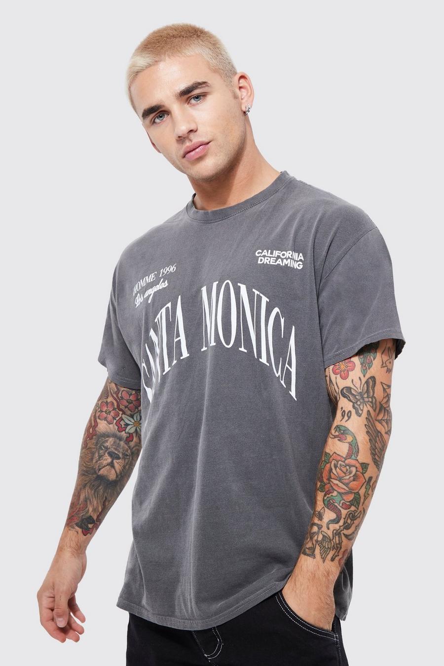 T-shirt squadrata in lavaggio acido con stampa Santa Monica stile Varsity, Charcoal