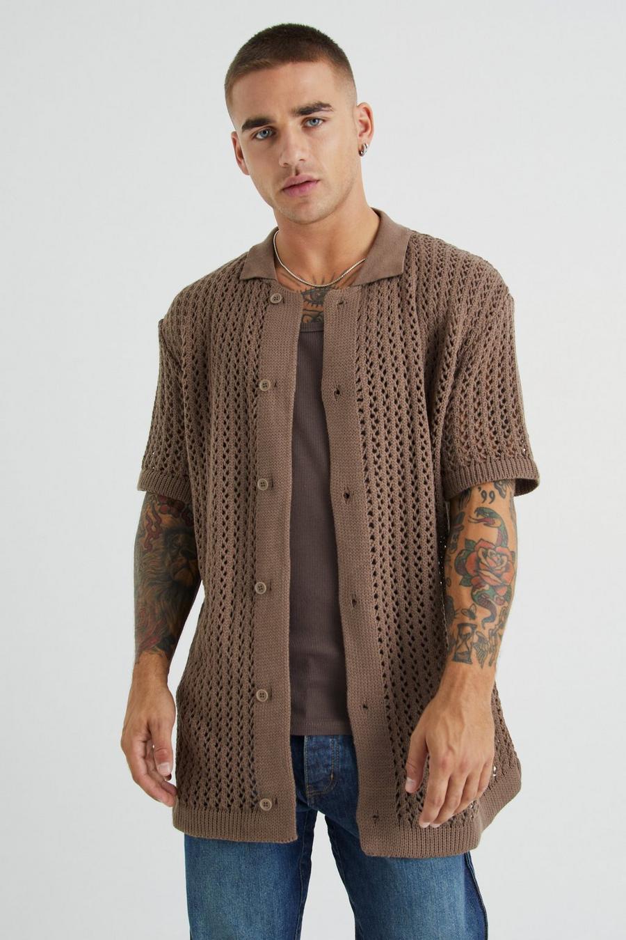 Taupe Open Stitch Short Sleeve Knitted Shirt