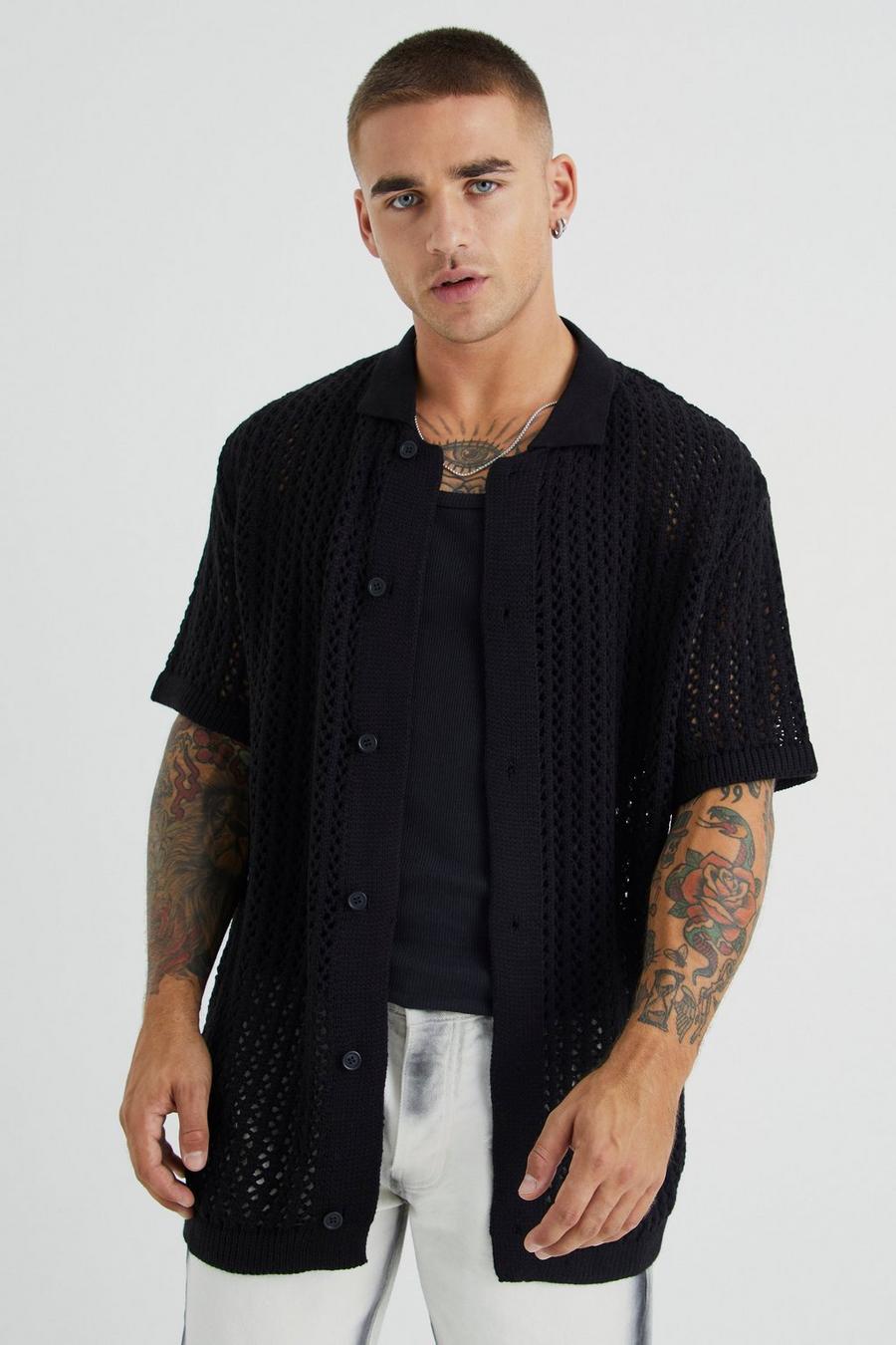 Black Open Stitch Short Sleeve Knitted Shirt