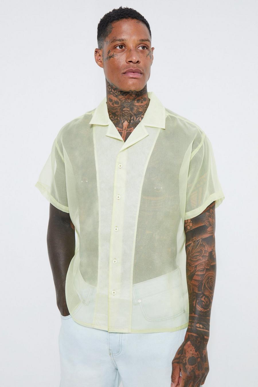 Chemise ample organza à manches courtes, Washed lime