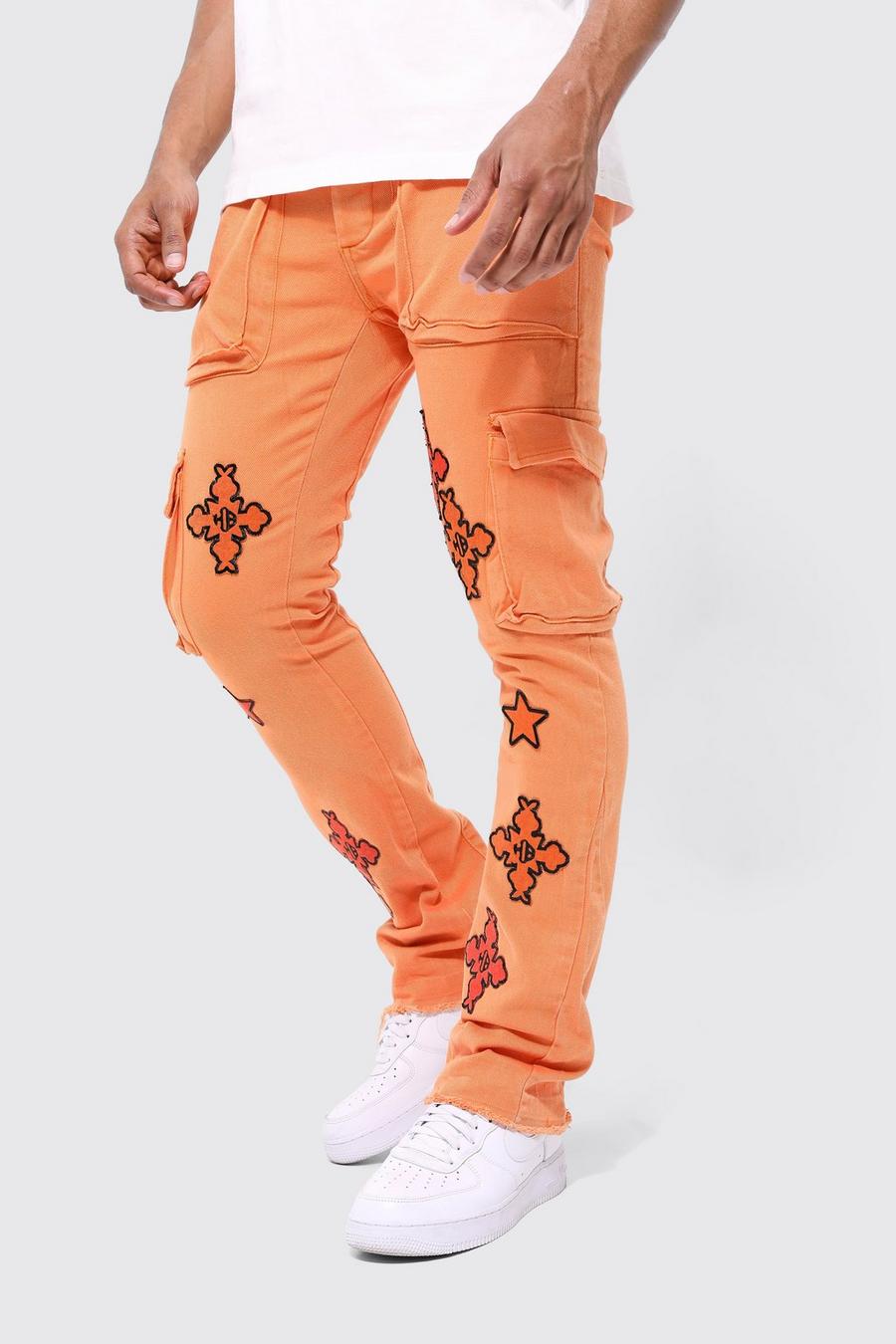 Pantaloni Cargo Skinny Fit a zampa con applique a vita fissa, Orange