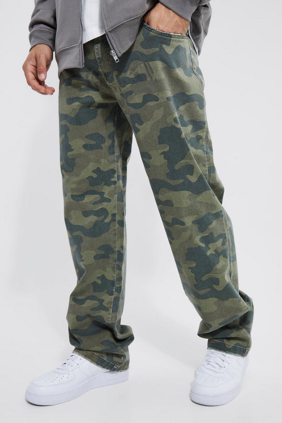 Pantalon ample délavé imprimé camouflage, Khaki