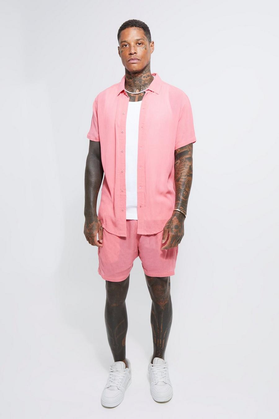 Pink Kaasdoek Overhemd Met Korte Mouwen En Shorts Set
