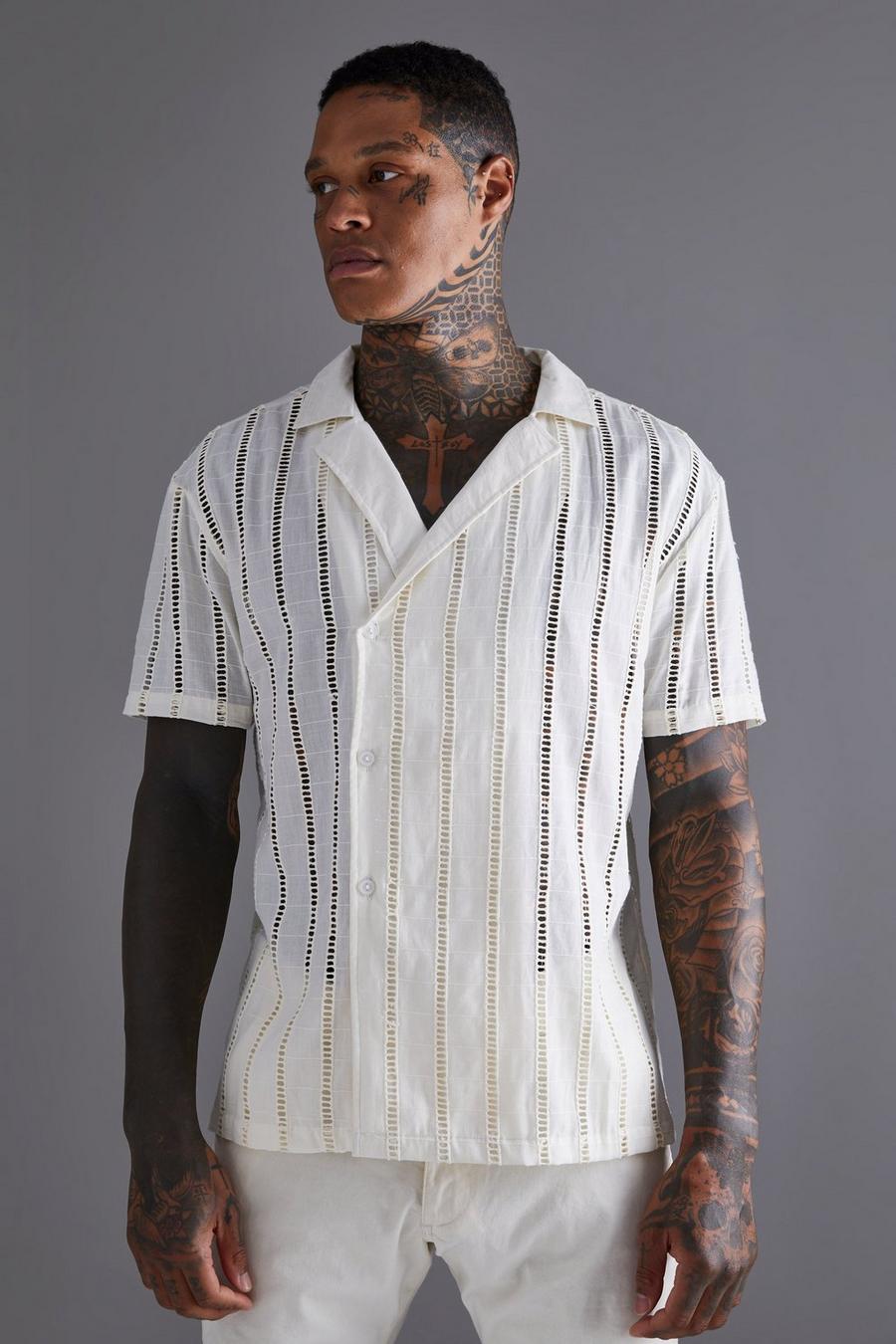 Ecru Short Sleeve Wrap Crochet Stripe Shirt