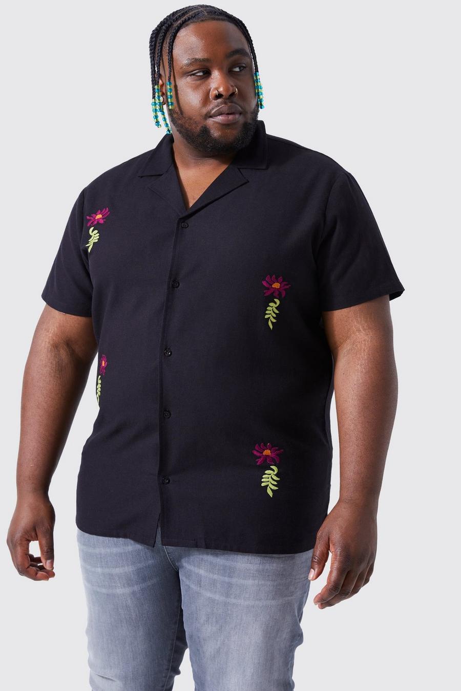 Camisa Plus de manga corta con bordado de flores, Black
