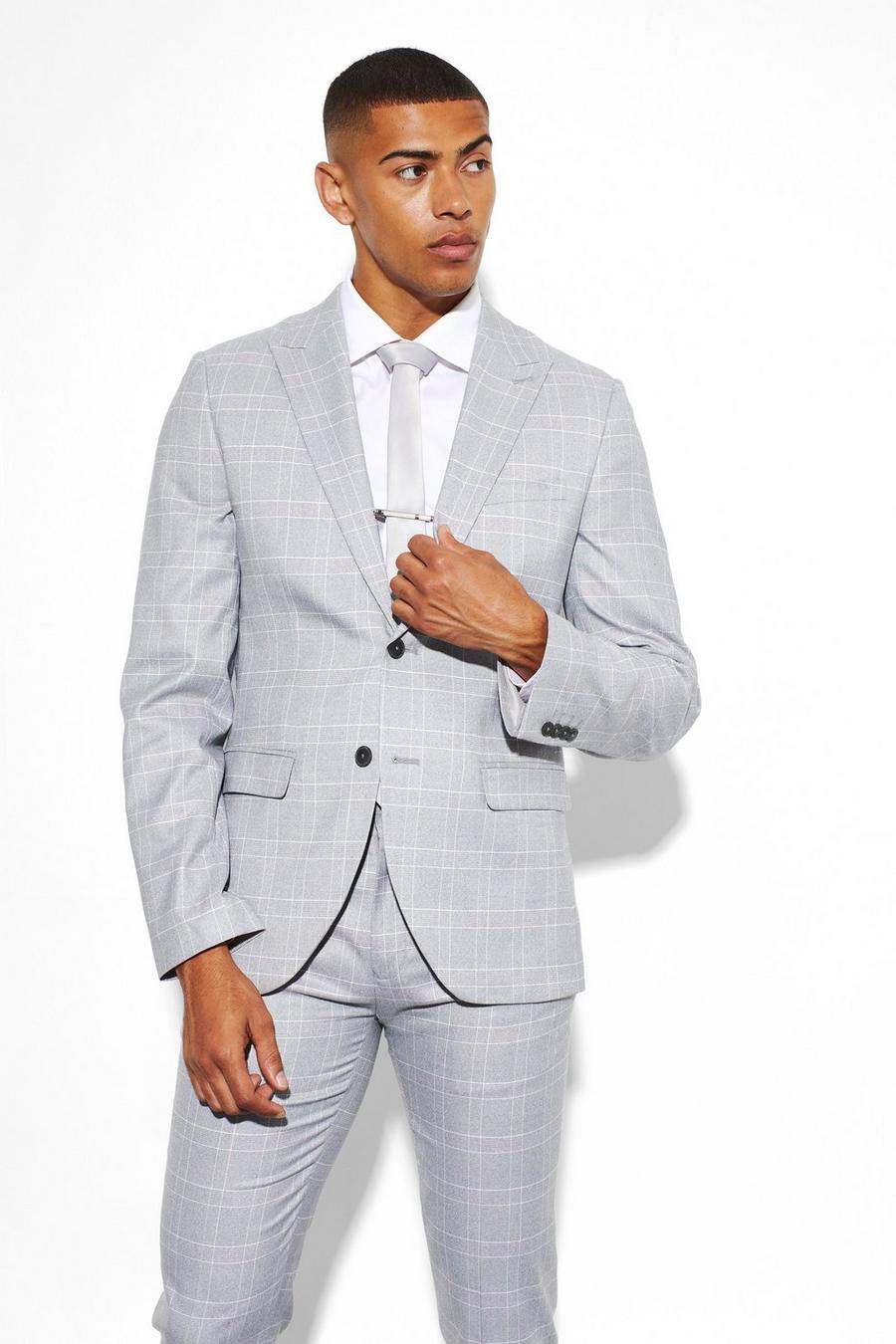 Grey Slim Fit Single Breasted Check Suit Jacket image number 1