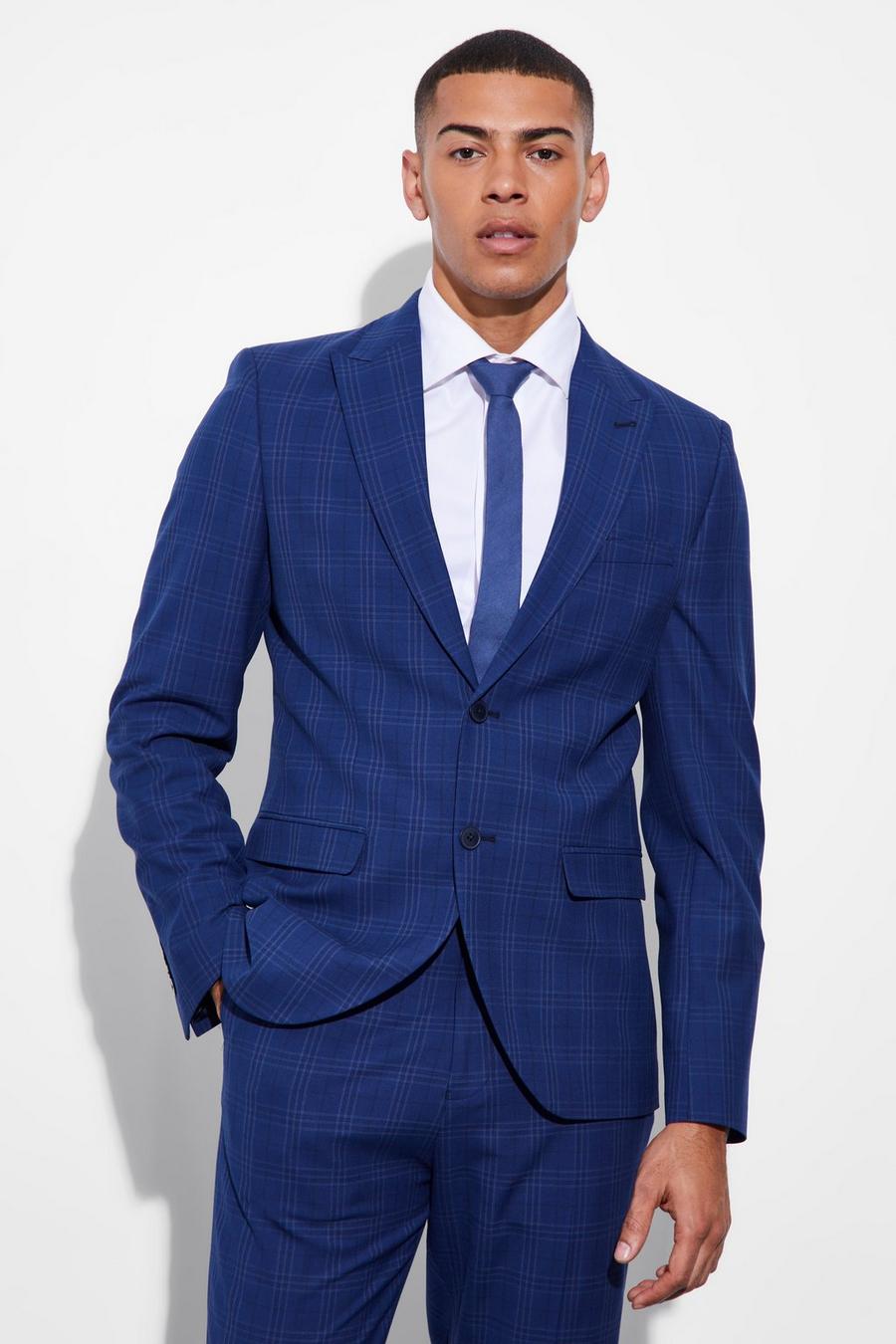 Navy Slim Single Breasted Check Suit Jacket image number 1