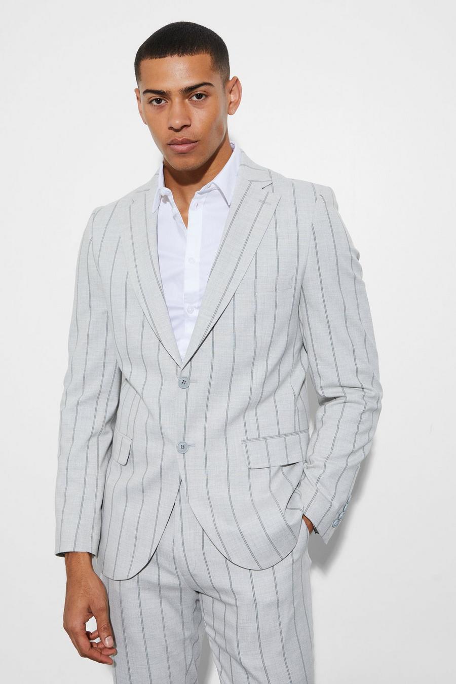 Chaqueta de traje ajustada de rayas con botonadura, Light grey image number 1