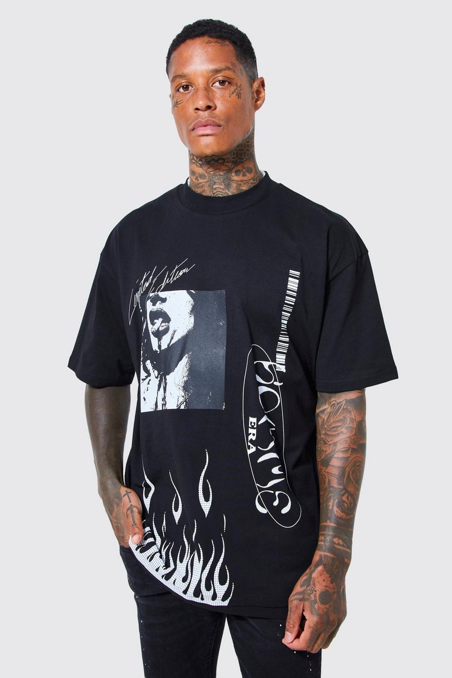 Black Oversized Graffiti Homme Flames T-shirt 