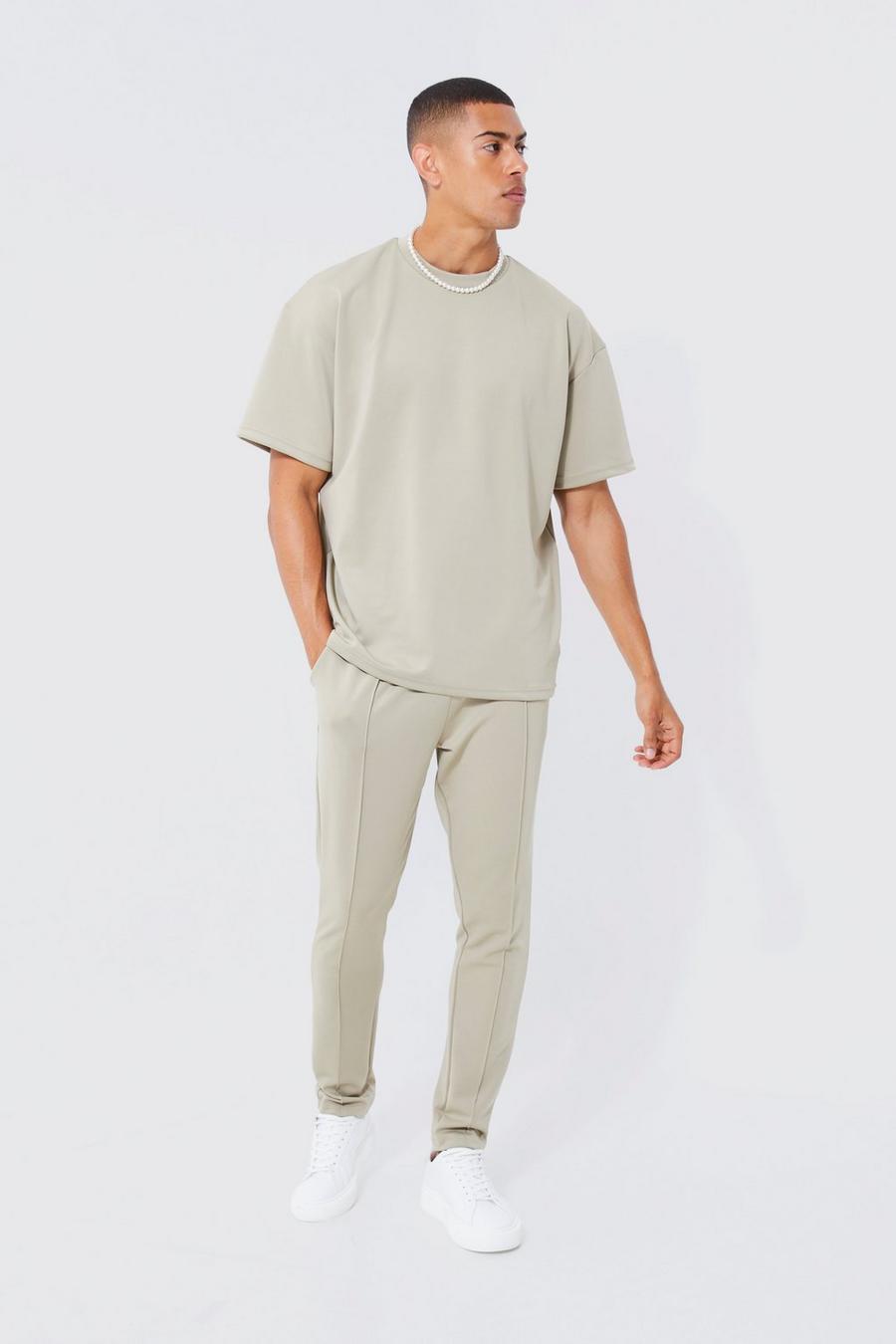 Taupe Oversized Scuba T-shirt And Jogger Set  image number 1