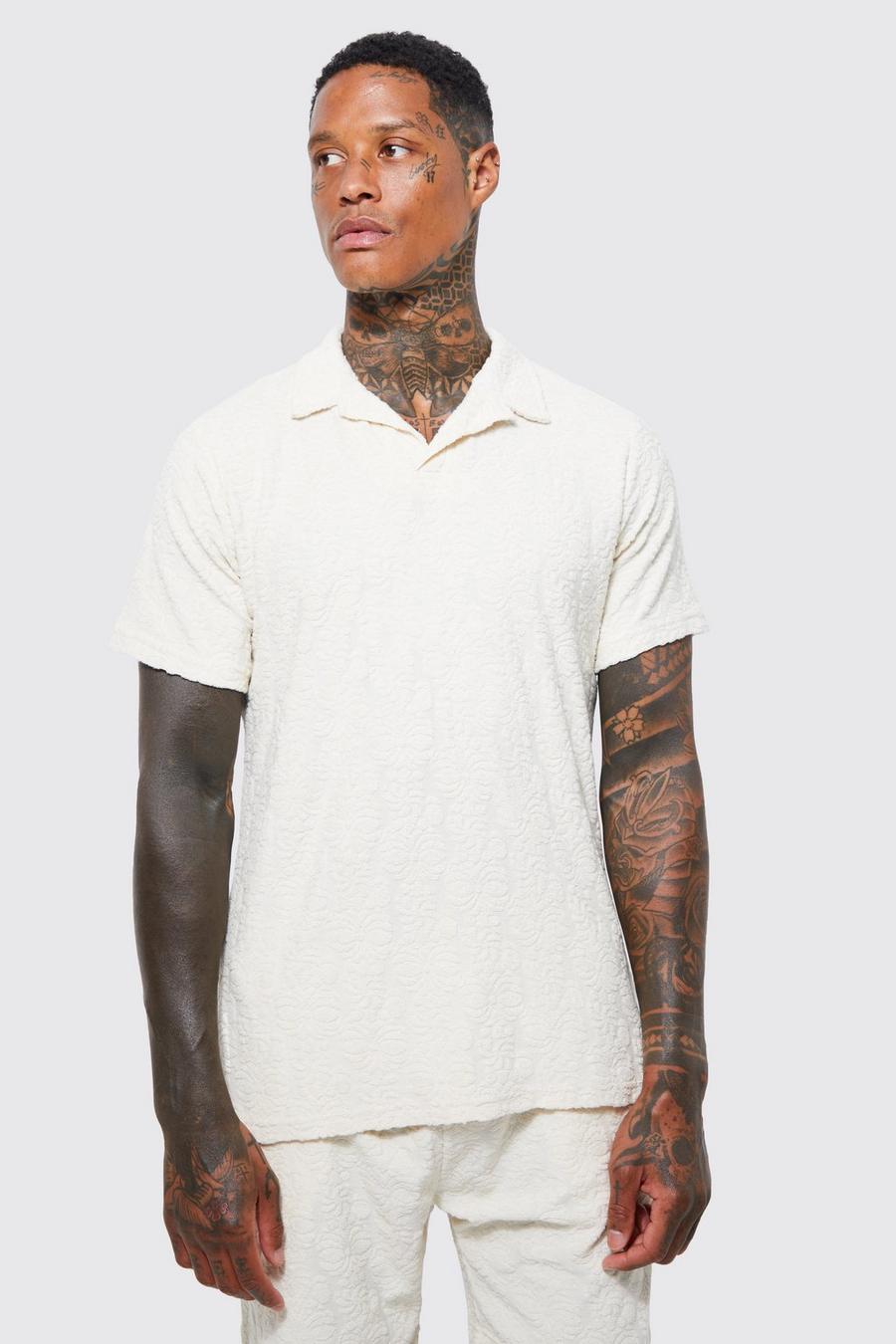 Ecru white Revere Embossed Pattern Polo Shirt 