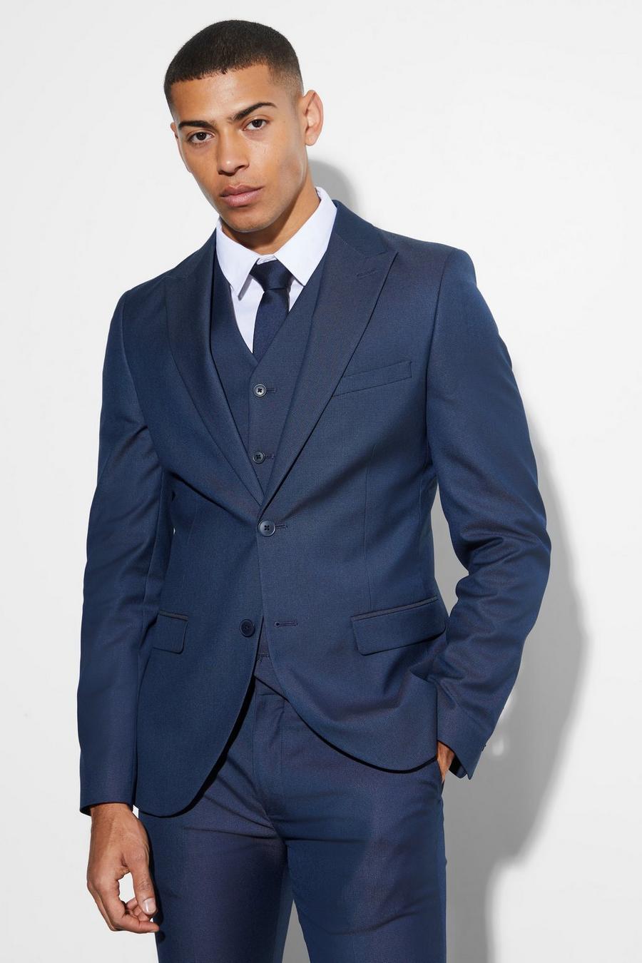 Navy Skinny Single Breasted Pique Suit Jacket