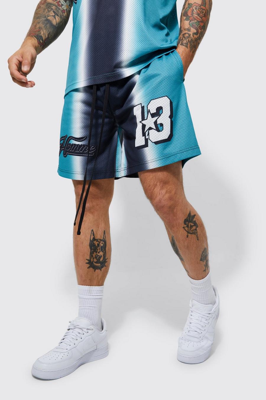 Pantalón corto de baloncesto de malla con estampado Homme en degradado, Teal