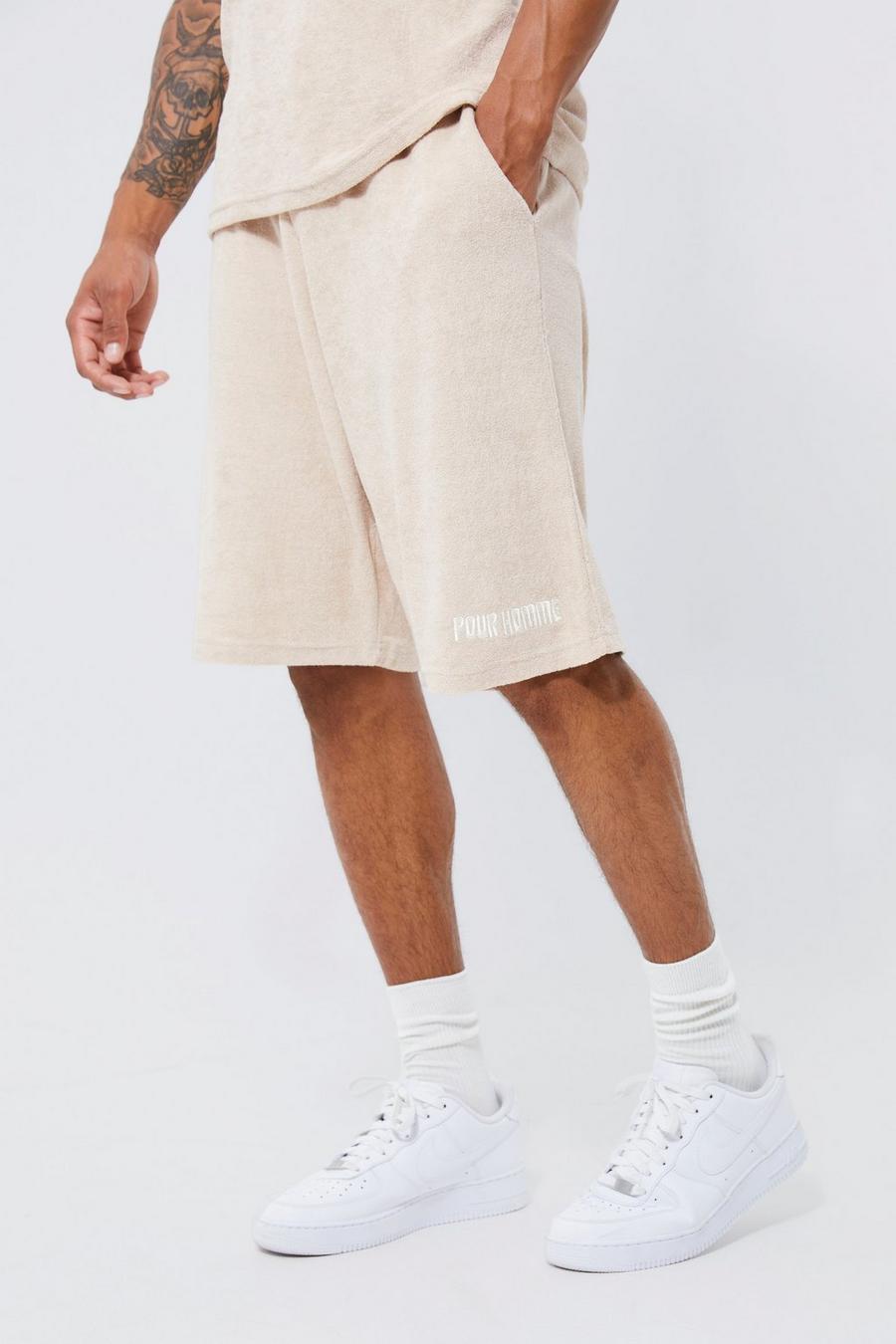 Mushroom Tall Relaxed Fit Embroidered Towelling Shorts