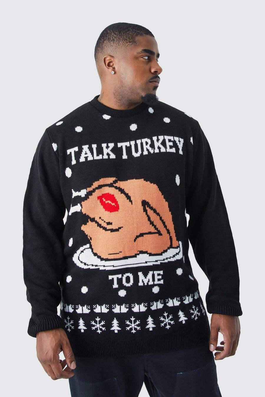 Maglione natalizio Plus Size con slogan Talk Turkey To Me, Black