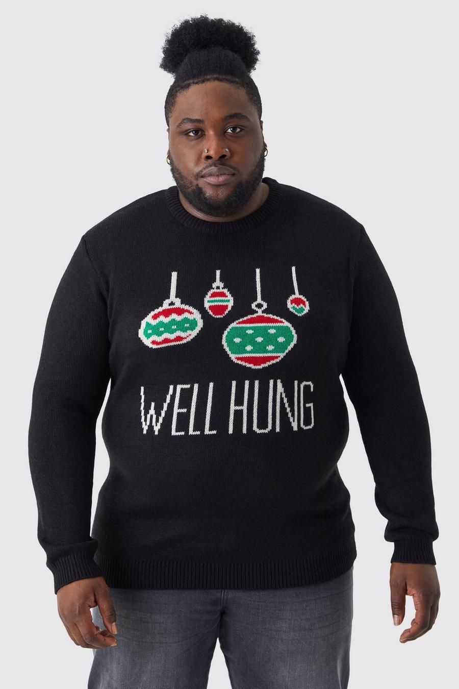 Grande taille - Pull de Noël à slogan Well Hung, Black