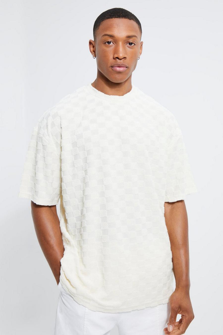 Ecru white Oversized Check Towelling T-shirt