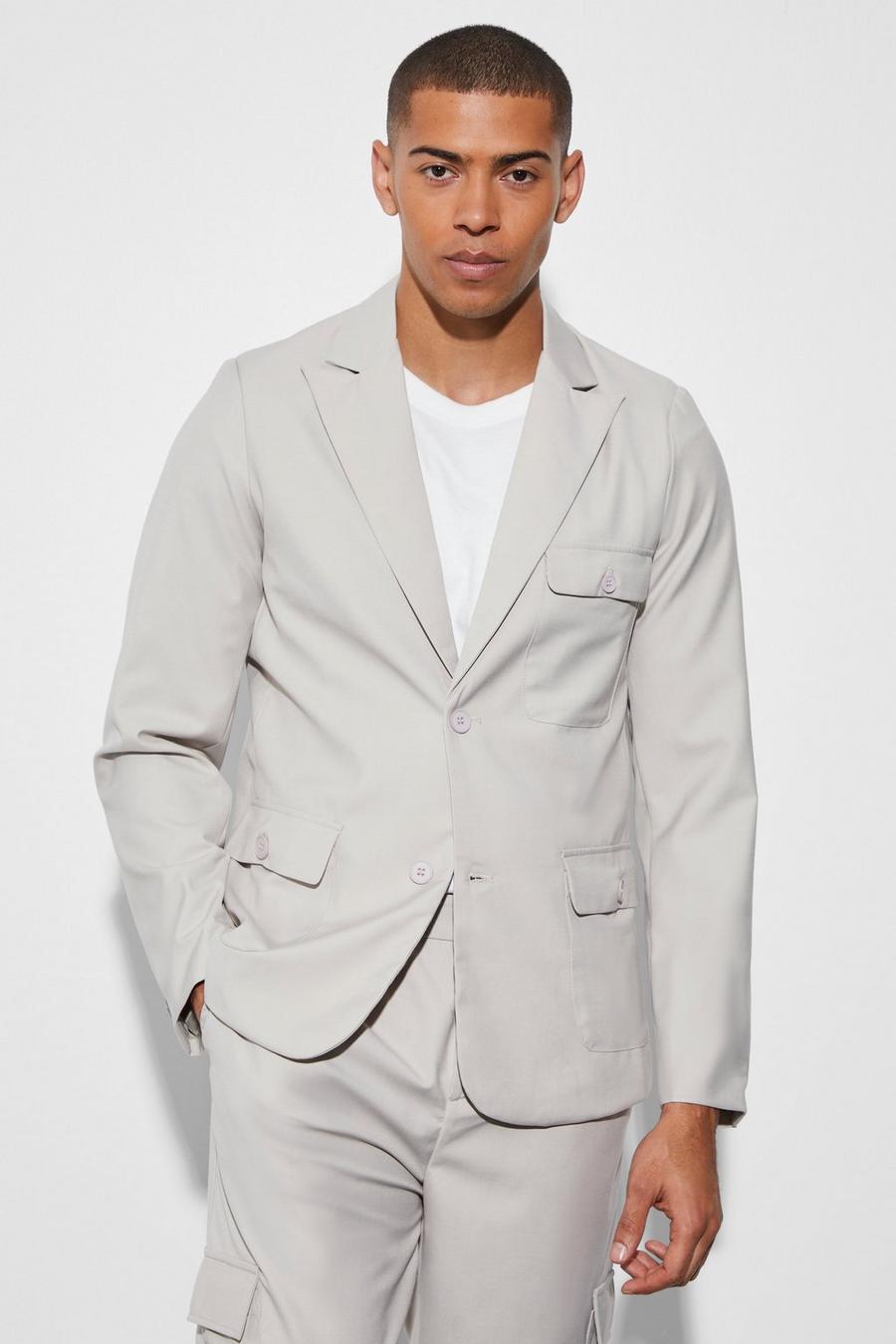 Taupe Slim Single Breasted Cargo Suit Jacket