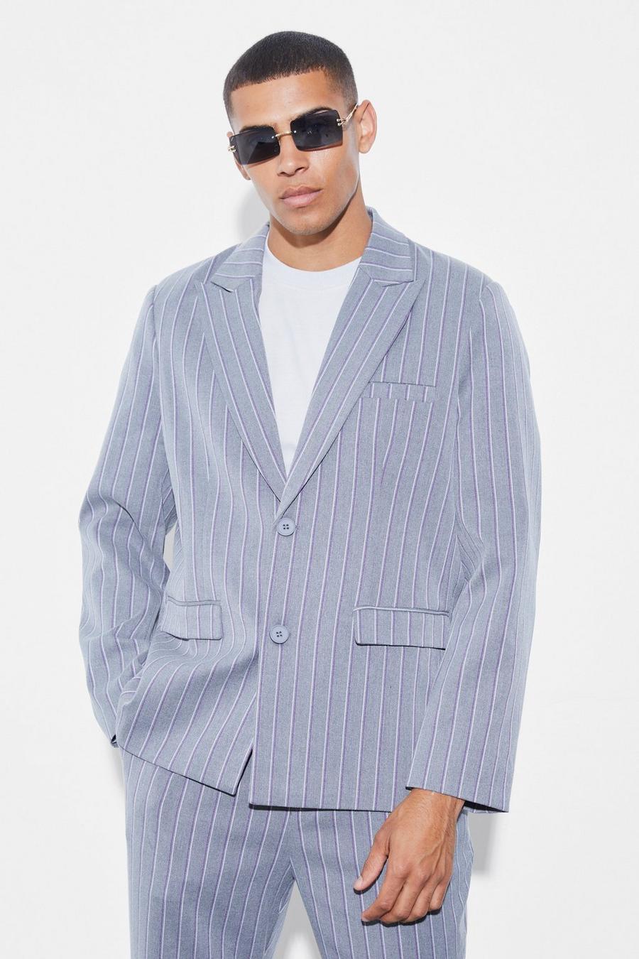 Grey Oversized Single Breasted Stripe Suit Jacket image number 1