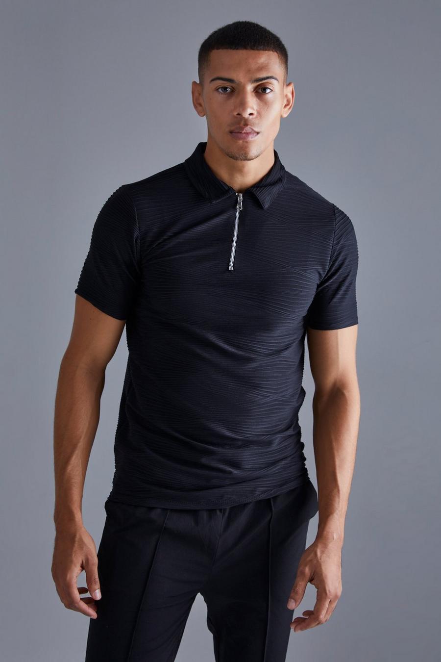 Geripptes Slim-Fit Ottoman Poloshirt mit 1/4 Reißverschluss, Black image number 1
