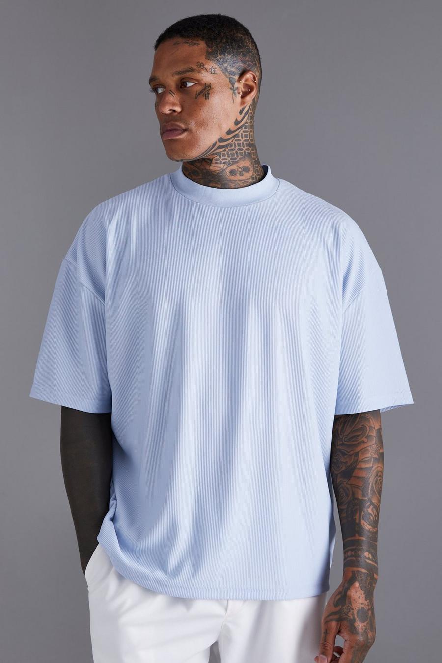 Light blue Oversize ribbad t-shirt med hög halsmudd