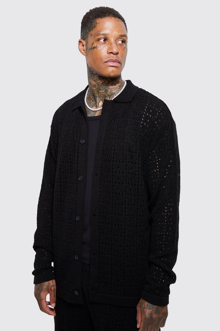 Black Oversized Long Sleeve Crochet Shirt image number 1