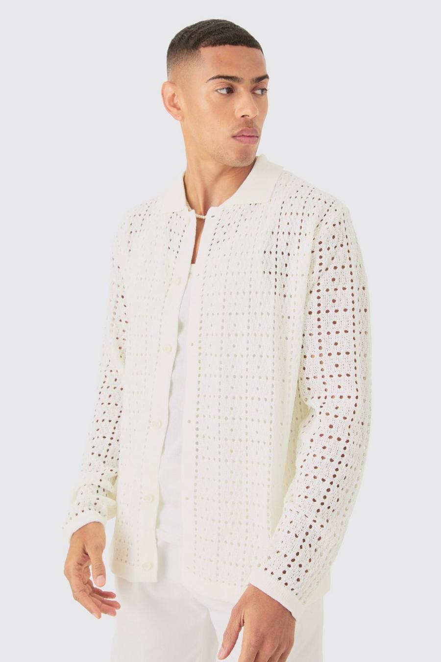 White Oversized Long Sleeve Crochet Shirt image number 1