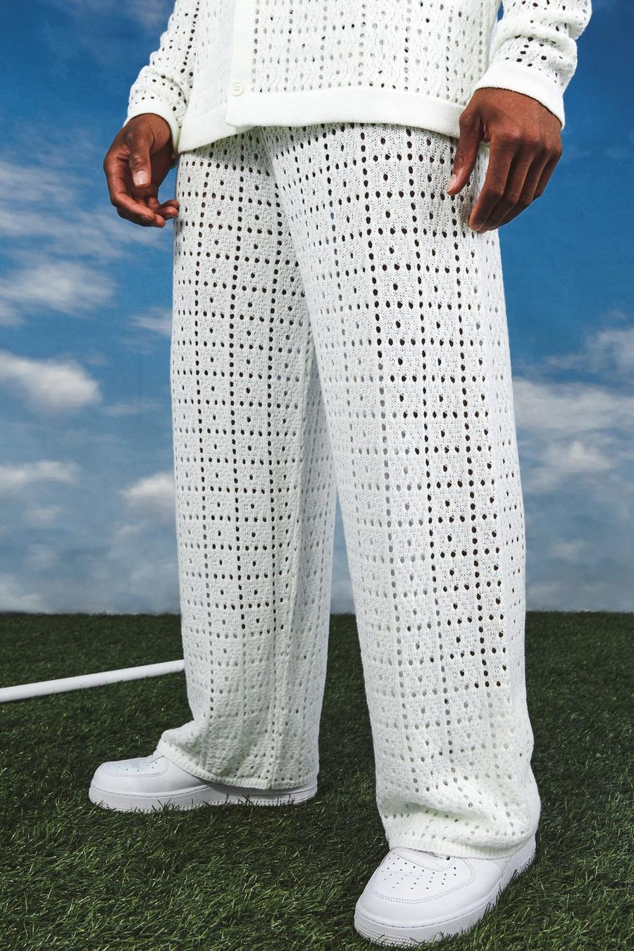 White Relaxed Fit Crochet Trousers image number 1
