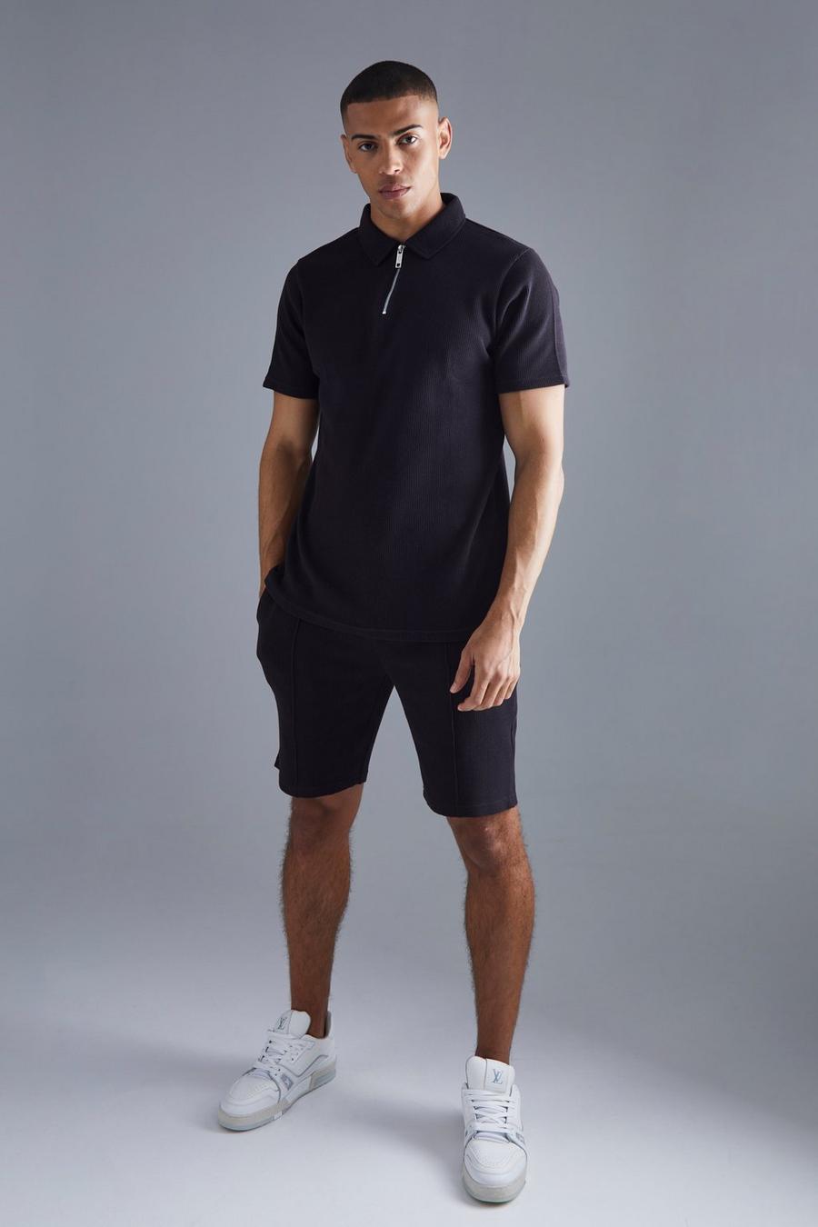 Black Wafel Gebreide Slim Fit Polo En Shorts Set