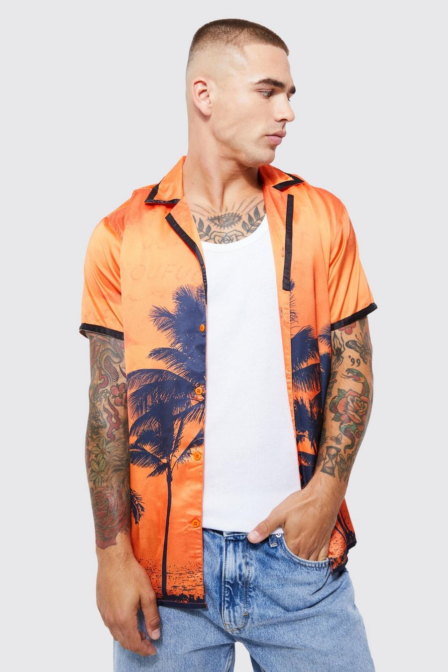 Orange Satijnen Palm Print Overhemd Met Korte Mouwen