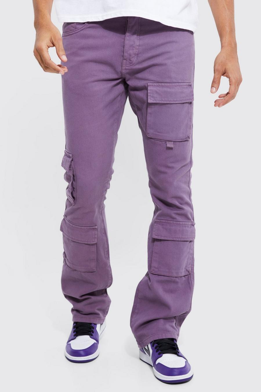 Pantalón pitillo cargo con bajo plegado y cintura fija, Purple