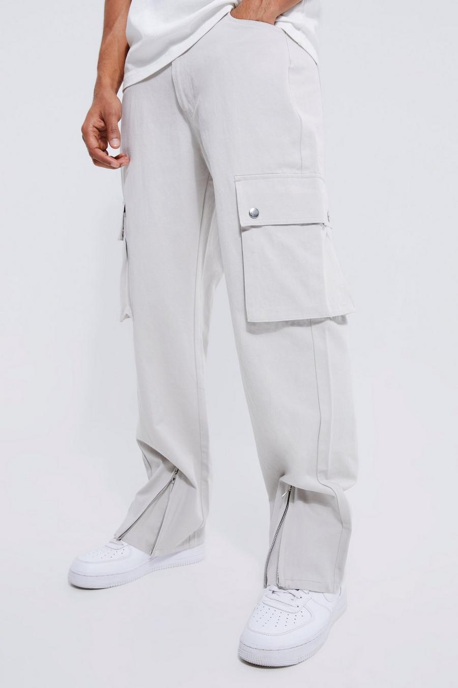 Light grey Fixed Waist Zip Hem Straight Fit Cargo Trousers
