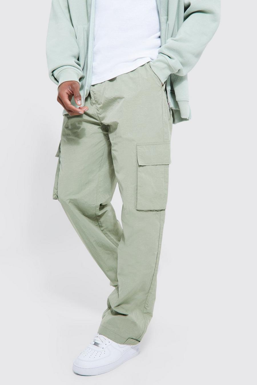 Sage Elasticated Waist Parachute Straight Fit Cargo Trousers with Adjustable Hem