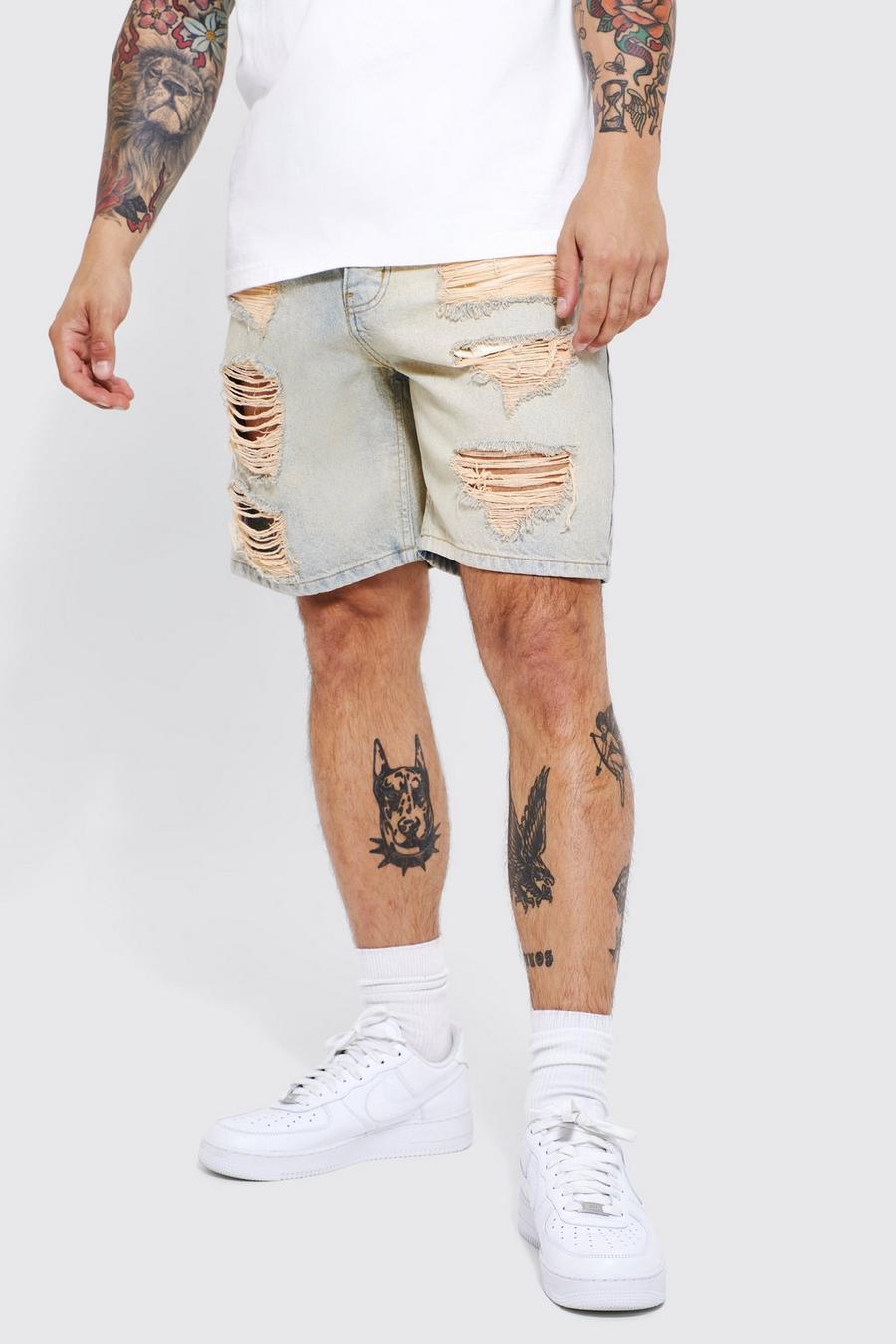 Antique wash Relaxed Rigid Ripped Denim Shorts