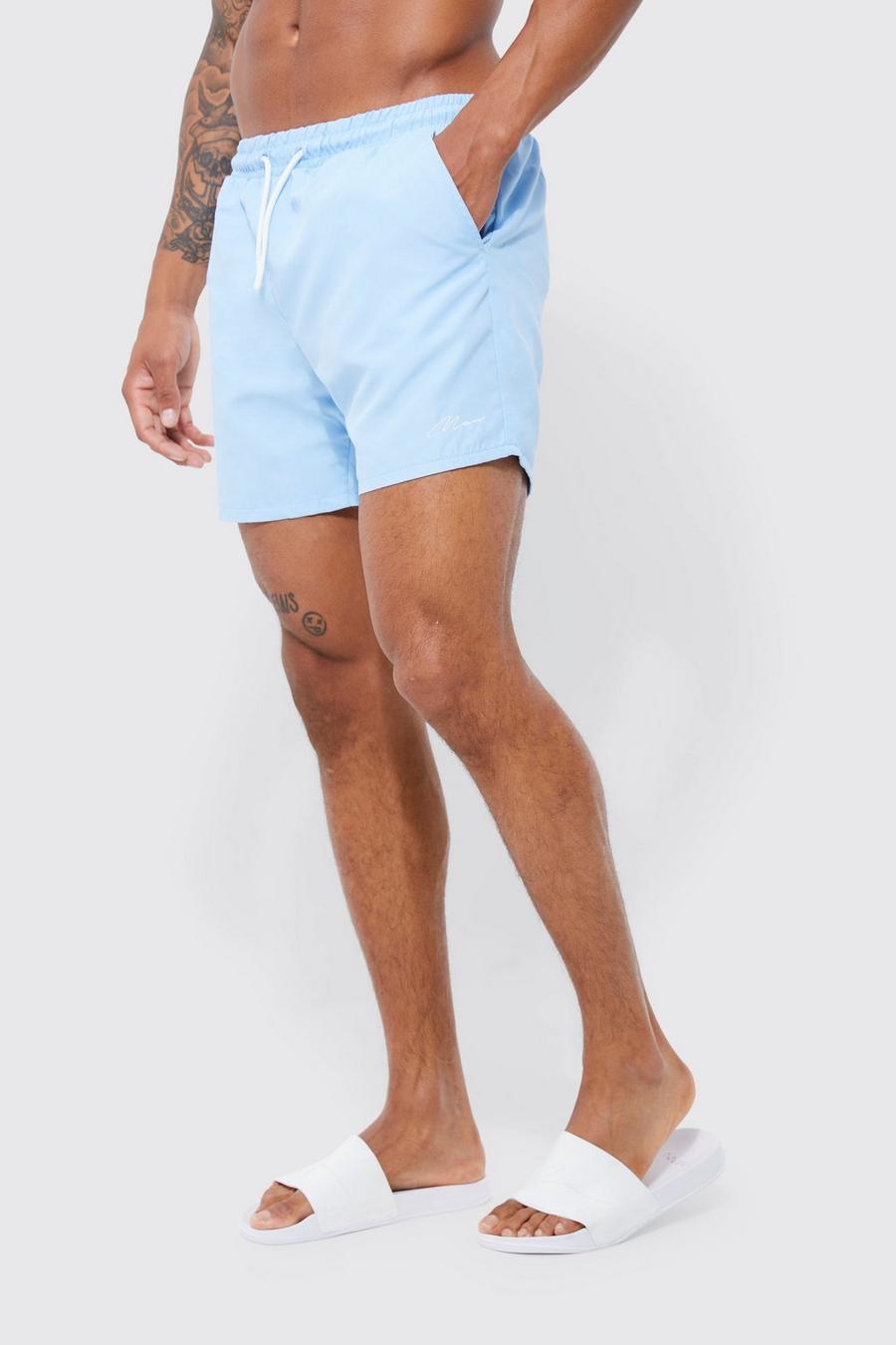 Light blue Man Signature Mid Length Swim Shorts