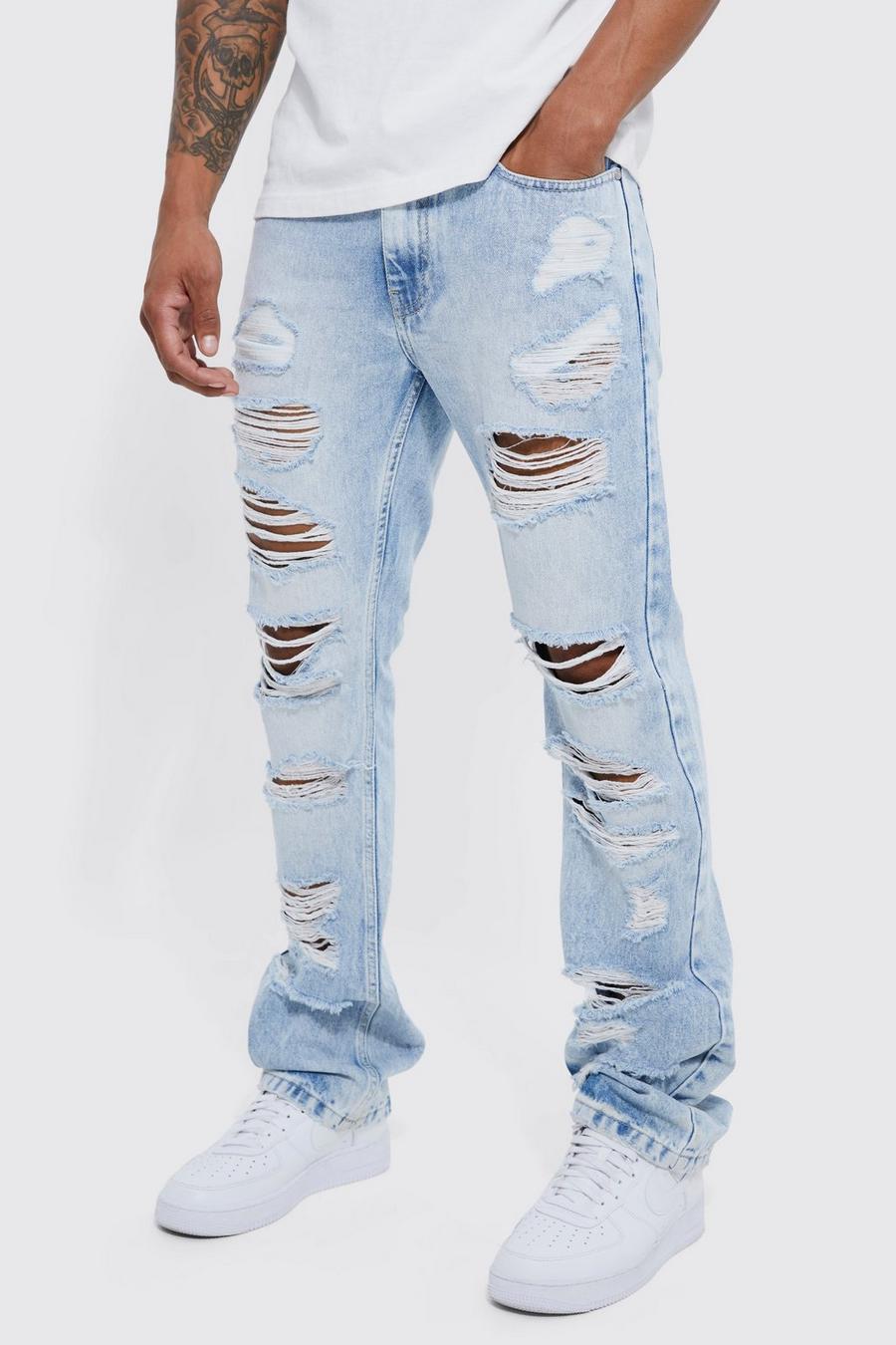 Ice blue Slim Flare Jeans With All Over Rips
