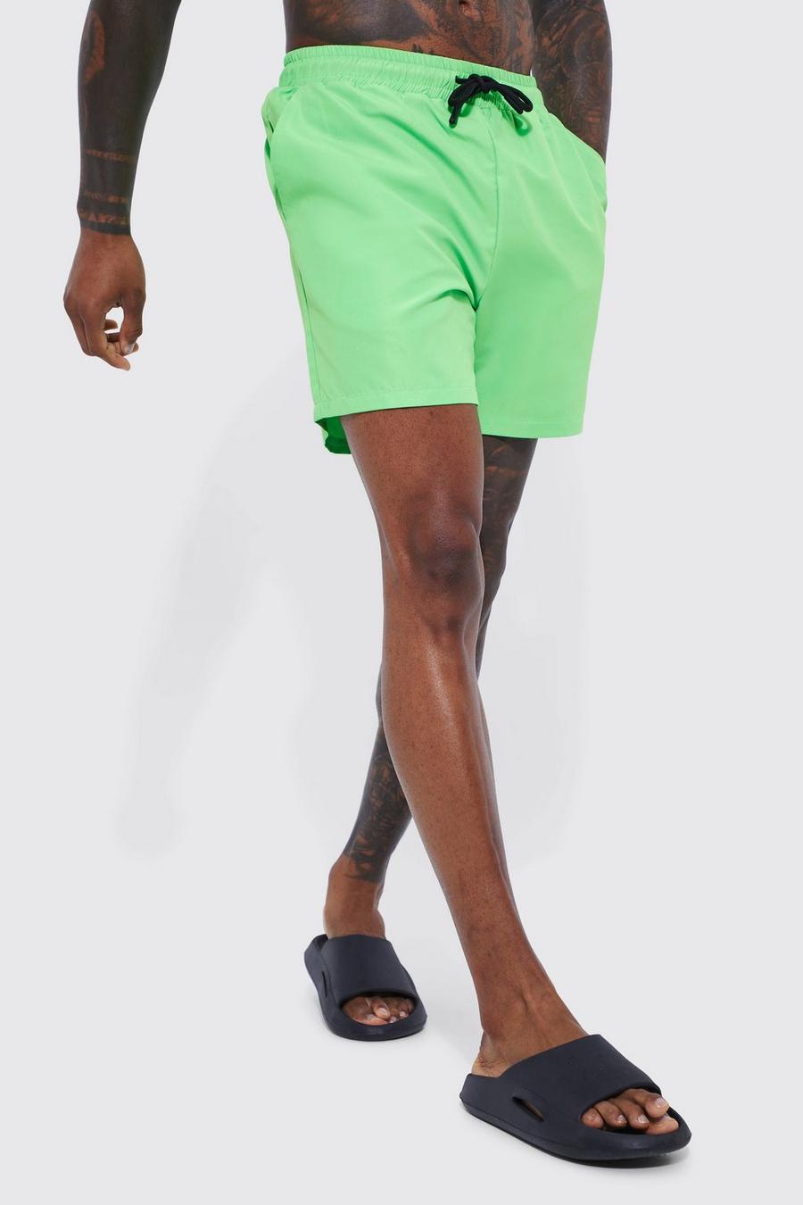 Neon-green Mid Length Plain Swim Shorts